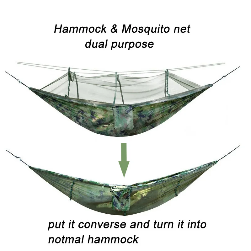 Outdoor Camping Camouflage Green Color Portable Hammock with Mosquito Net Dual Purpose Hanging Bed for Hiking Traveling - Image 2